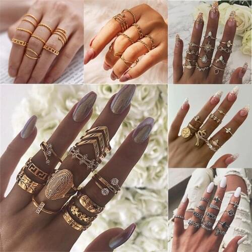 LIMARIO Boho Vintage Gold Star Knuckle Rings For Women Crystal Star Crescent Geometric Female Finger Rings Set Jewelry 2021