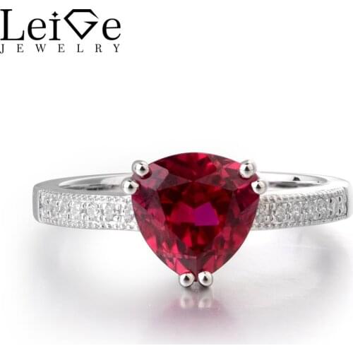 Leige Jewelry Lab Red Ruby Gemstone 925 Sterling Silver July Birthstone Trillion Cut Engagement Rings For Woman