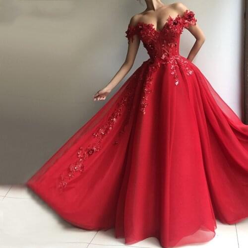 Red Muslim Evening Dresses 2020 V-Neck Sequin Lace Tulle Off the Shoulder Ball Gown Dubai Saudi Arabic Long Formal Evening Gowns