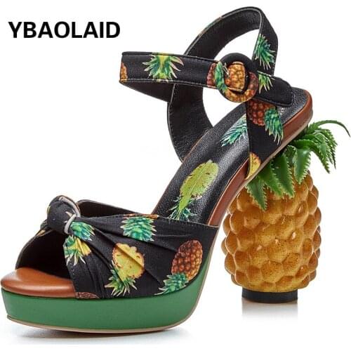 Summer New Sweet Thick-soled Pineapple Shoes Waterproof Platform Printed Satin Personality Ultra-high Pineapple Heel Sandals