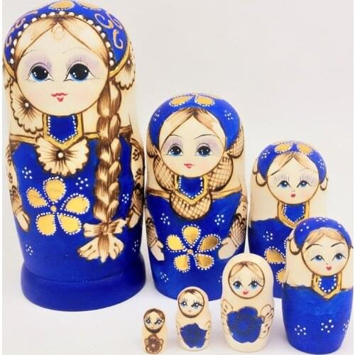 7pcs Blue Russian Nesting Dolls Wooden Matryoshka Toys for Children Kids Gift N0HD