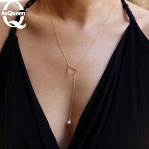 Fashion Jewelry Gold Sliver Triangle Pearl Fringe Necklace Chain Necklace lariat Charm Bar Necklaces&Pendants For women gift