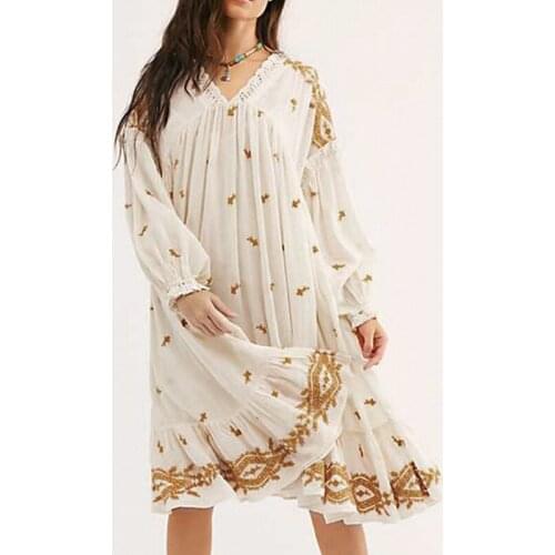 Delicate Floral Embroidery A-line dress Loose maternity dress Elegant casual comfy Short tunic Long sleeve ruffle hem Women dres