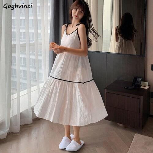 Womens Nightgowns Summer Solid Spaghetti Straps Backless Sexy Korean Style Princess Style Girls Mid-calf Nightdress Sleepwear