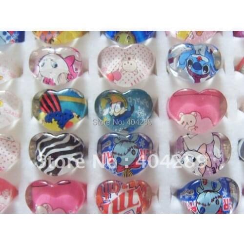 Wholesale Mixed Lots 50PCS Resin Lucite Heart Shape Cartoon Children Rings,Girls Gifts