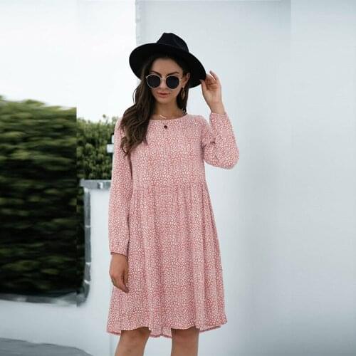Autumn Long Sleeve Women Dress Elegant O Neck High Waist Ruffle A-Line Pullover Sundress Pink Leopard Print Loose Casual Dresses
