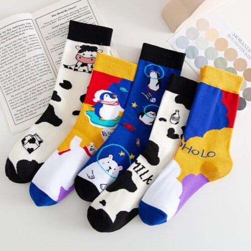 PEONFLY New Combed Cotton Womens Socks Funny Harajuku Cute Novelty Cartoon Penguin Cow Christmas Couple Socks Christmas Gift