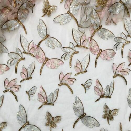 2020 New Embroideried Gold Blue Tulle Mesh Sequined Lace Fabric For Lady Dresses Costume Good Quality