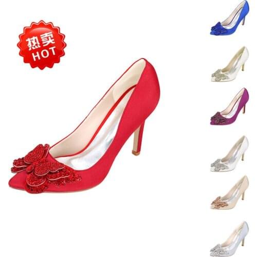 Pointed Toe Women Pumps Wedding Party Thin Heel Shoes Flock 9.5CM Thin High heels Slip On Rhinestones Butterfly-knot Bling