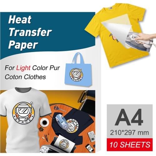 UniPlus 10 Sheets A4 Heat Transfer Paper T-shirt DIY Photo Paper Print on Light Color Fabric Cotton Clothes for Inkjet Printer