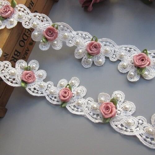 100cm Width 3.7cm White Pearl Bead Flower Lace Edge Trim Ribbon Embroidered Applique Sewing Craft Crochet Wedding Dress Clothes