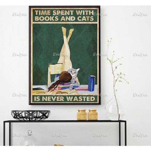 Girl Time Spent With Books And Cats Is Never Wasted Funny Poster Cat And Book Wall Art Prints Home Decor Canvas Floating Frame