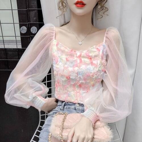 Shirt Womens 2021 Spring Autumn New Splice Lace Long-sleeve Women Loose Square-neck Short Blouse Blusas Mujer Femme Y802