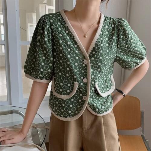 Vintage Floral Embroidery Short Sleeve Blouse Women Chic V-neck Button Summer Short Tops Korean Female Casual Blouses