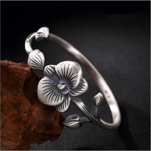 2019 Real 999 Sterling silver Butterfly Orchid Bangles for Women Ethnic Handmade Vintage Evening Statement Fine Silver Jewelry