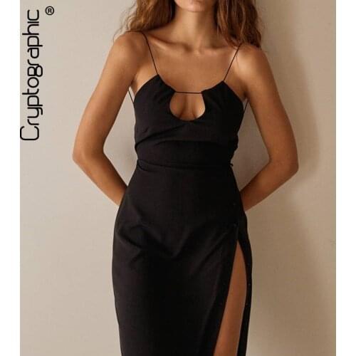 Cryptographic Fashion Spaghetti Strap Sexy Backless Cut-Out Midi Dresses Elegant Sleeveless Club Party Split Dress Side Botton