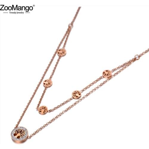 ZooMango Original Design Titanium Stainless Steel Double Layer Tree Choker Necklaces Rhinestone Plant Necklace For Women ZN20007