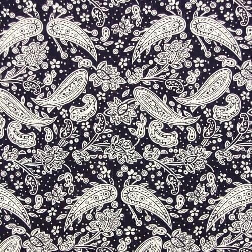 1 Yard Cotton Poplin Fabric for Sewing Patchwork, Dress, Cloth - Paisley Flowers on Deep Blue Background (width=140cm)