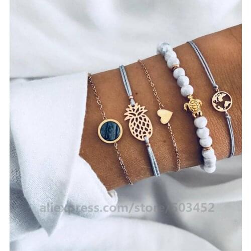 100set/lot New Sets Bracelet Femme Heart Bead Map Chain Simple Charm Bracelet Lady Women Bracelet Fashion Friendship Bracelets