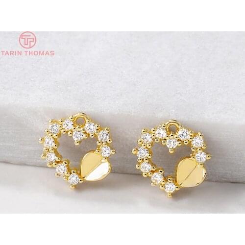 4PCS 11x11MM Hole 1MM 24K Gold Color Plated Brass with Zircon Heart Charms Pendants High Quality Diy Jewelry Accessories