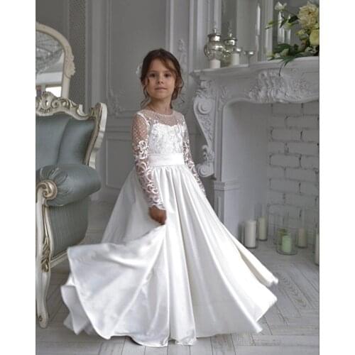 White Satin First Communion Gowns For Princess New Long Flower Girl Dress with Bow Illusion Long Sleeves Backless Custom Made