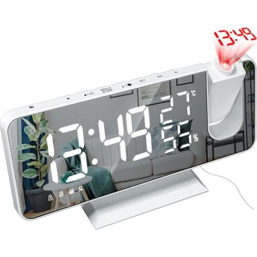 LED Digital Alarm Clock Time Projector USB FM Radio Electronic Desktop Clock Dimmable Mirror Clock Humidity Thermomer