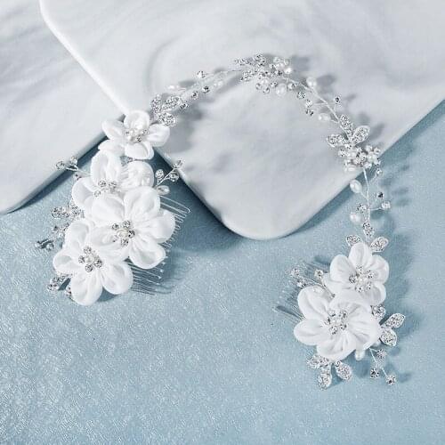 GETNOIVAS Handmade Cloth Chiffon Pearl Flowers Headband Luxury Double-ended Hair Comb Bride Wedding Headpeice Hair Pin SL