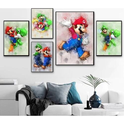 Canvas Painting With Frame Cartoon Poster Print Wall Art Canvas Mario Figure Painting Nordic Minimalism Kid Bedroom Living Room