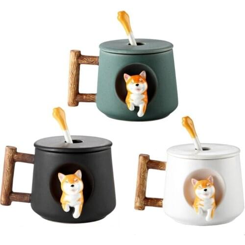 Cute Cartoon Animal Shiba Inu Ceramic Mug Creative Men and Women Couple with Lid Spoon Drinking Water Coffee Cup