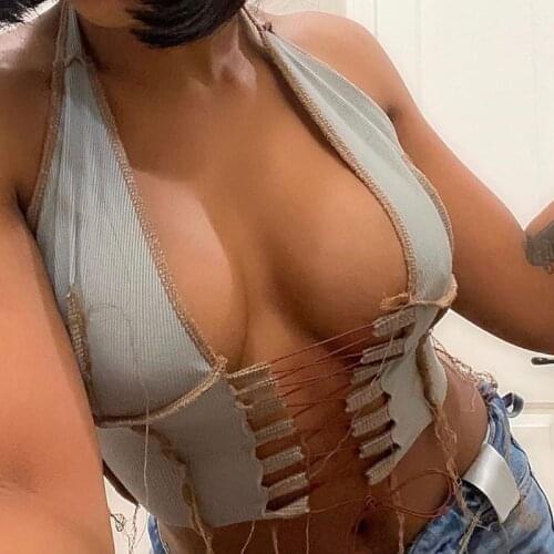 2021 Fashion Sexy Crop Top T Shirt for Women Halter Backless Deep V Neck Hollow Out Lace Up Ribbed Tank Tops