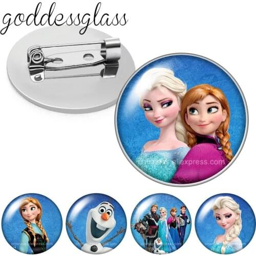 Princesses Elas Anna winter Girls gift Round Glass cabochon Brooch Dome Photo Jewelry Brooches Pin For kids Gift