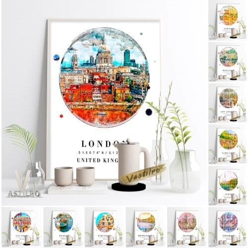 World City Travel Circular Watercolor Landscape Poster Seoul Sydney Bellagio London Lake Como Los Angeles Las Vegas Home Decor