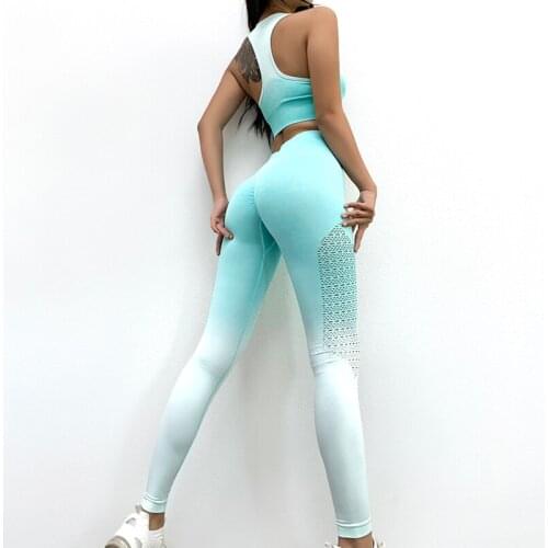 Hot Seamless Yoga Set Women Gradient Color Bra High Waist Tight Fitness Pants Two-piece Sets Running Sport Suit Gym Tracksuits