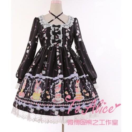 Cute dessert Rabbit Buny OP Lolita Dress Fairy Kei Long Sleeve Cross Tie Lace Trim Bows Fancy Dolly Dress Pink, Black, Green