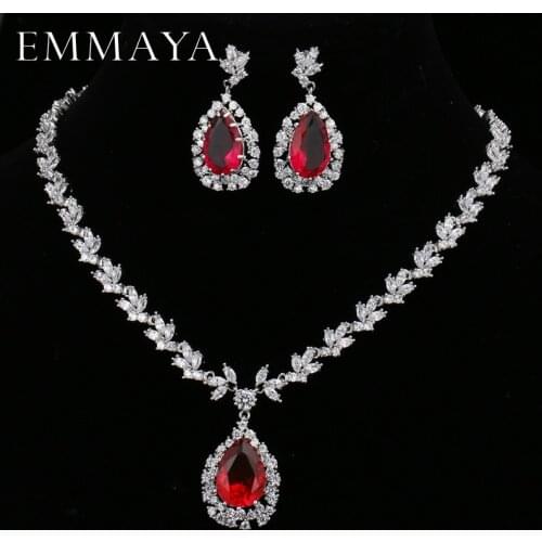 EMMAYA Water Drop Red Cubic Zirconia CZ Jewelry Sets For Women Fashion Party Earrings Pendant Necklace