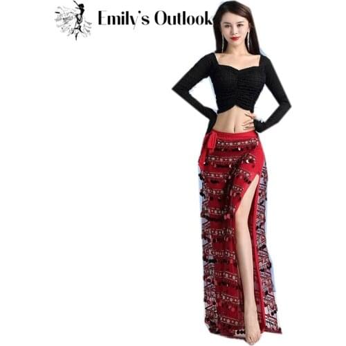 2020 New Women Belly Dance Stage Costume Belly Dancing Outfit Long Sleeve Blouse Side Split Skirt Competition Dress 2 Piece Set