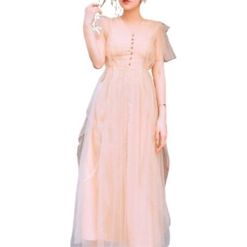 PERHAPS U Vintage Mesh Cascading Ruffle Dot Print V-Neck Flying Sleeve Single Breasted Pleated Ball Gown Ankle-Length DressD3072