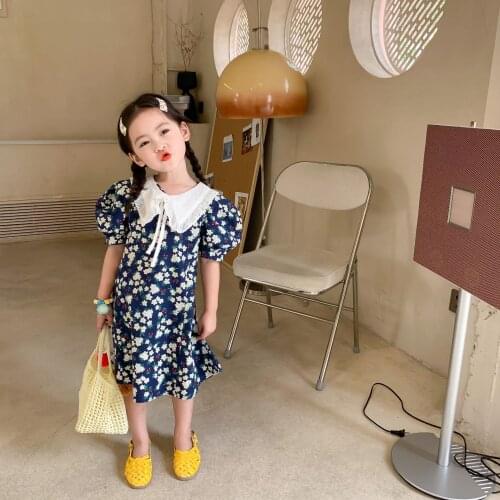 2-8 Y Toddler Girls Dresses 2021 New Summer Baby Floral Dress Korean Lapel Puff Sleeve Cute Dress for Girl Kids Princess Dress