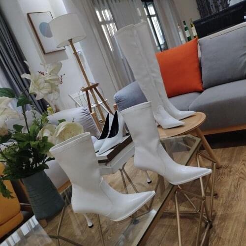 Top Quality Womens Boots Genuine Leather Mid-calf Boots Newest Winter Solid Shoes 8cm High Heels Pointed Toe Boots Size 34-41