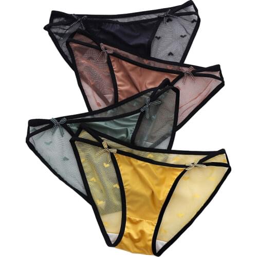 Sexy Women Underwear Panties Lace Low-Waist Briefs Female Translucent Elastic Underpant Bow Knot Mesh Lingerie Cotton Crotch