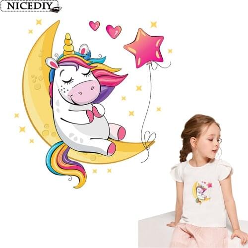 Lovely Moon unicorn Iron On Patches For Clothing Vinyl Sticker For Clothes Heat Transfer Printing T-shirt Kids Stickers Applique