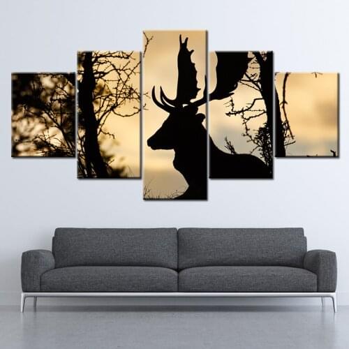 Dark black Fallow Deer in sunset forest 5 Piece Wallpapers Art Canvas Print modern Poster Modular art painting Home Decor