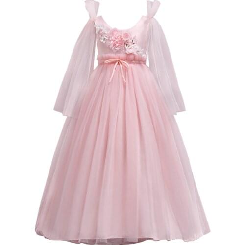 Teenager Wedding Flower Girls Princess Tulle Dress Kids Girls Elegant Princess Pageant Party Dress beauty Tulle Floor long Dress