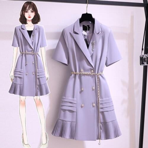 Wenfly Female Plus Size Short Sleeve Double Breasted Sashes Blazer Dress Summer New Women Ruffles Pleated Mini Dresses