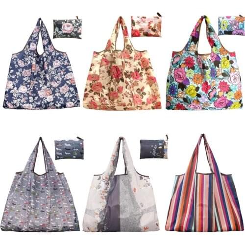 Green Foldable Polyester Handbag Women Florist Printed Shopping Shoulder Bag Tote Summer Waterproof Bag Approx 58X68Cm