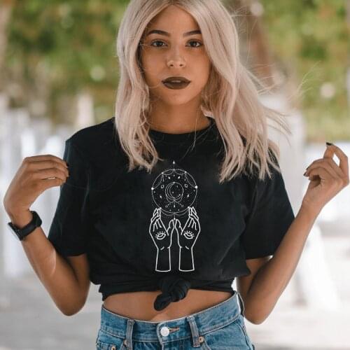 Witch Hands Mystical Moon Phases T-shirt Trendy Astrology Graphic Tee Shirt Top Aesthetic Women Witchy Goth Tshirt