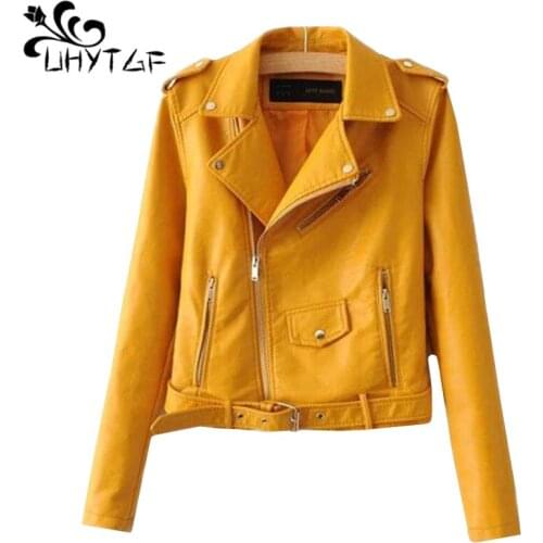 UHYTGF Spring leather jacket womens Fashion Short Washed PU Leather Jacket Zipper Bright Colors Ladies Jackets Good Quality 174