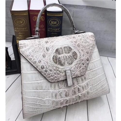 Fashion Medium Size Genuine Crocodile Skin Lady White Handbag Exotic Alligator Leather Female Purse Women Three-way Shoulder Bag