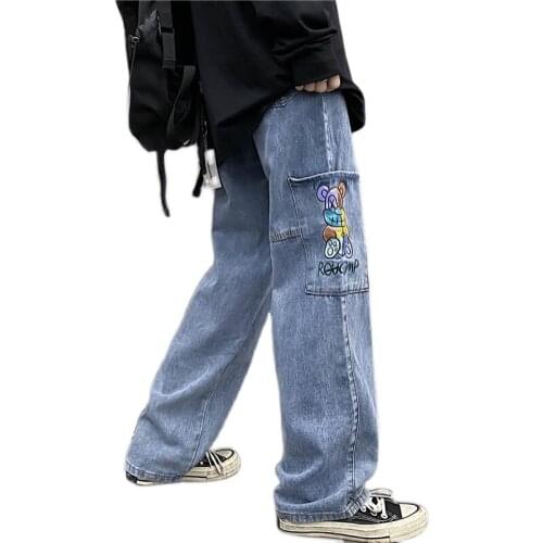 Harajuku Cartoon Jeans Women Vintage Washed Big Pocket Jeans Cute Color Bear Print Jeans Loose Cargo Pants Fashion Man Jeans