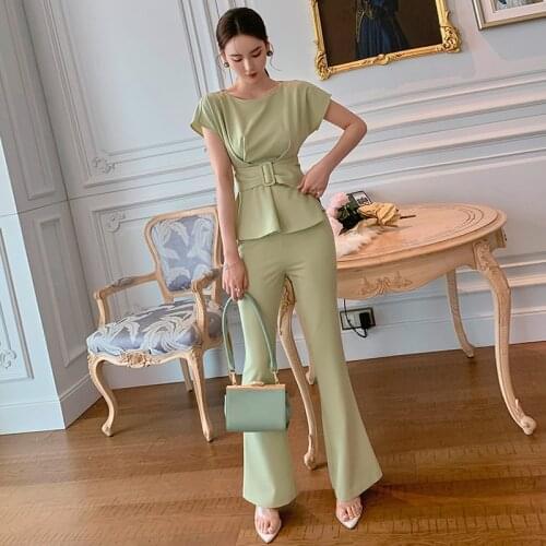 Vintage Short Sleeve Top Casual Women Korean Fashion OL Professional Long Flare Pants Sashes Ruffle Shirt Blouse 2 Pieces Set